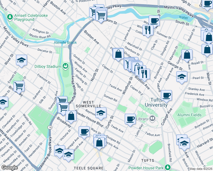 map of restaurants, bars, coffee shops, grocery stores, and more near 52 Adams Street in Medford
