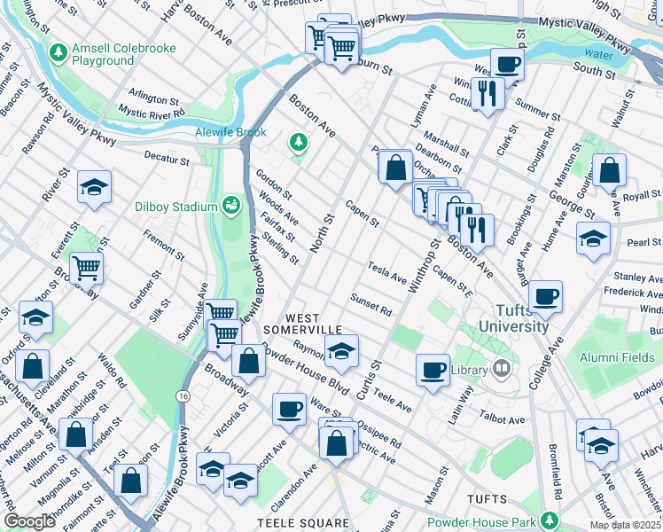 map of restaurants, bars, coffee shops, grocery stores, and more near 67 Quincy Street in Medford