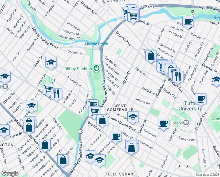 map of restaurants, bars, coffee shops, grocery stores, and more near 44 Sterling Street in Somerville