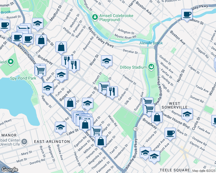 map of restaurants, bars, coffee shops, grocery stores, and more near 60 North Union Street in Arlington