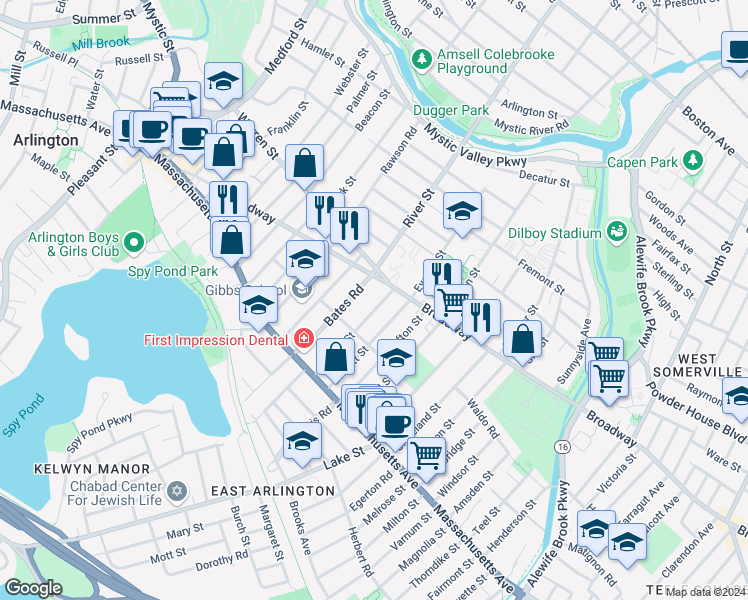 map of restaurants, bars, coffee shops, grocery stores, and more near 5 Warren Street in Arlington