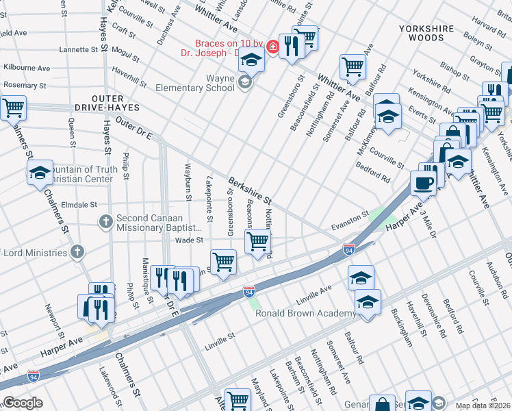 map of restaurants, bars, coffee shops, grocery stores, and more near 9917 Berkshire Street in Detroit