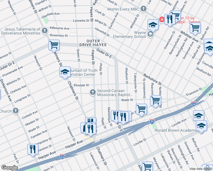 map of restaurants, bars, coffee shops, grocery stores, and more near 9738 Manistique Street in Detroit