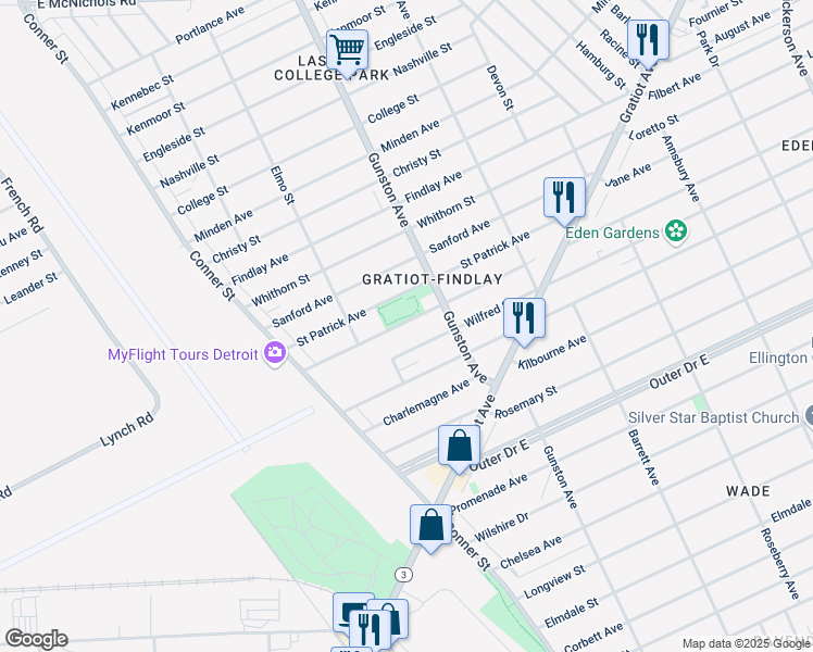 map of restaurants, bars, coffee shops, grocery stores, and more near 11557 Flanders Street in Detroit