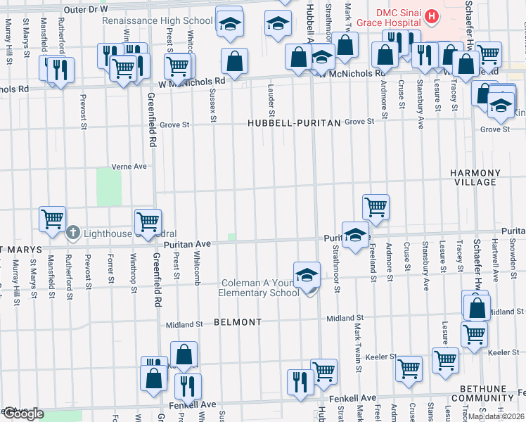 map of restaurants, bars, coffee shops, grocery stores, and more near 16248 Robson Street in Detroit