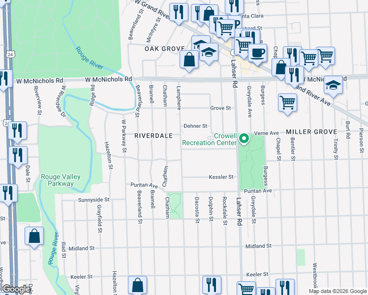map of restaurants, bars, coffee shops, grocery stores, and more near 16622 Lamphere in Detroit