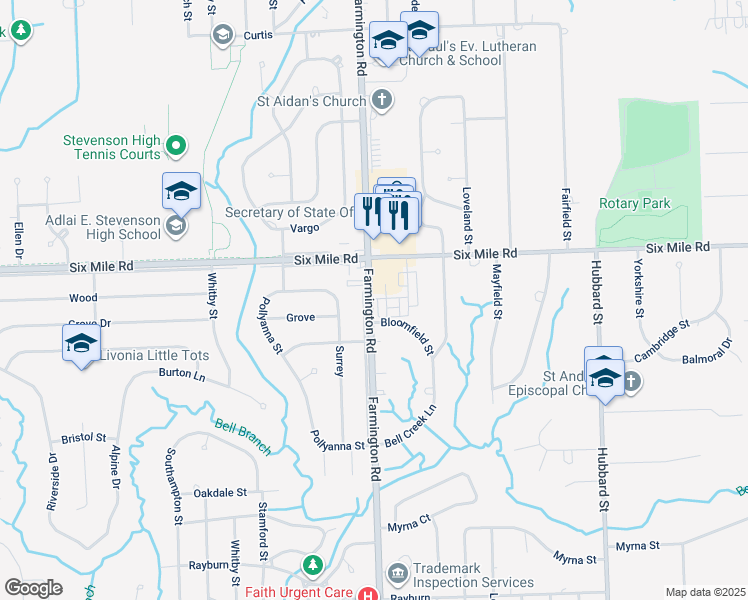 map of restaurants, bars, coffee shops, grocery stores, and more near 33411 Six Mile Road in Livonia