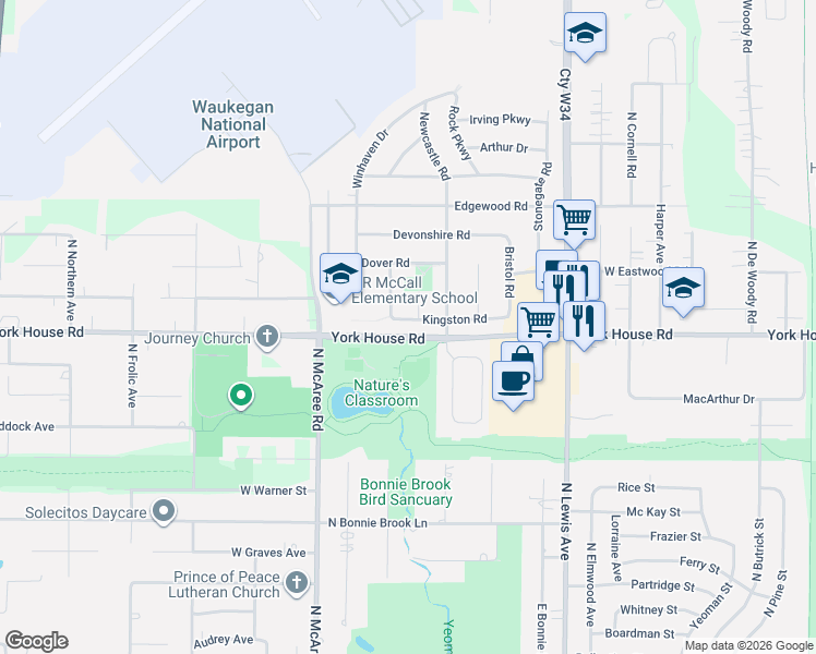 map of restaurants, bars, coffee shops, grocery stores, and more near 2120 Castle Court in Waukegan