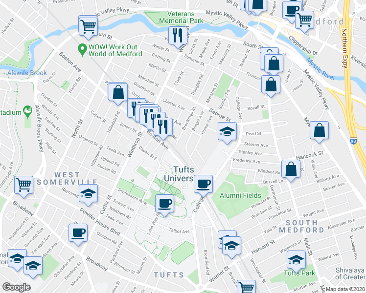 map of restaurants, bars, coffee shops, grocery stores, and more near 89 Burget Avenue in Medford
