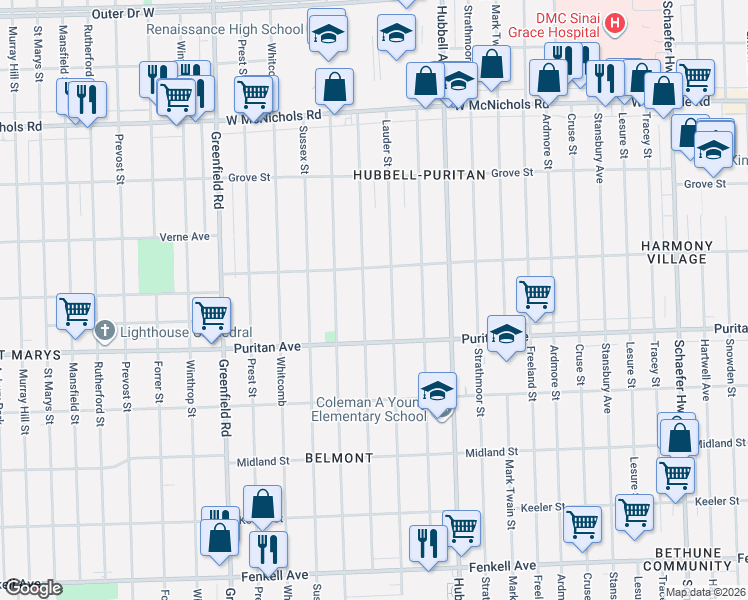 map of restaurants, bars, coffee shops, grocery stores, and more near 16248 Robson Street in Detroit