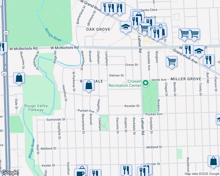 map of restaurants, bars, coffee shops, grocery stores, and more near 16622 Lamphere in Detroit