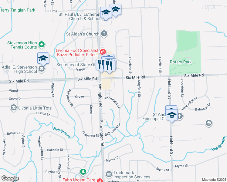 map of restaurants, bars, coffee shops, grocery stores, and more near 16996 Farmington Road in Livonia