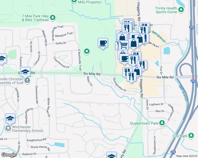 map of restaurants, bars, coffee shops, grocery stores, and more near 39836 Rockcrest Circle in Northville