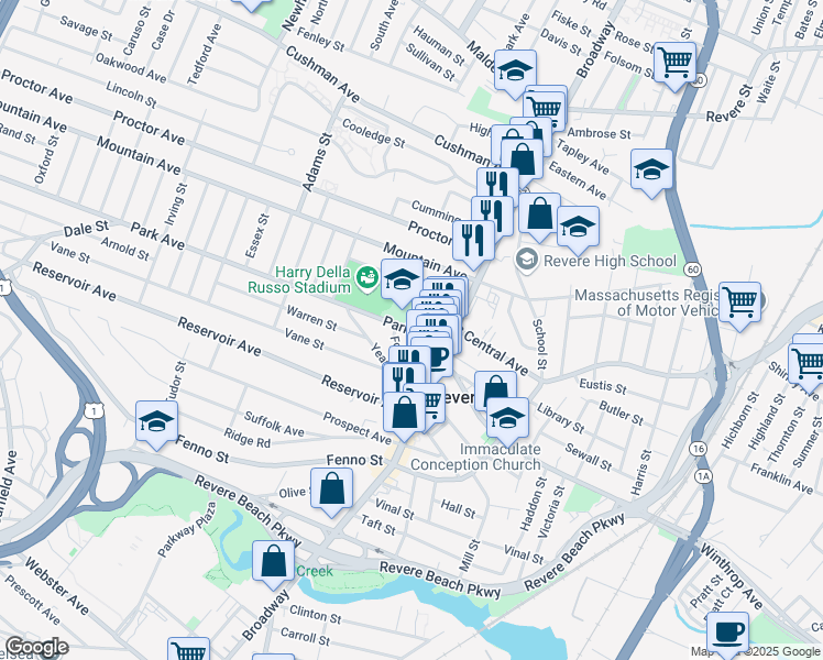 map of restaurants, bars, coffee shops, grocery stores, and more near 51 Park Avenue in Revere
