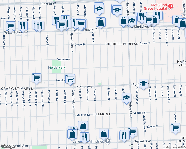 map of restaurants, bars, coffee shops, grocery stores, and more near 16250 Whitcomb in Detroit