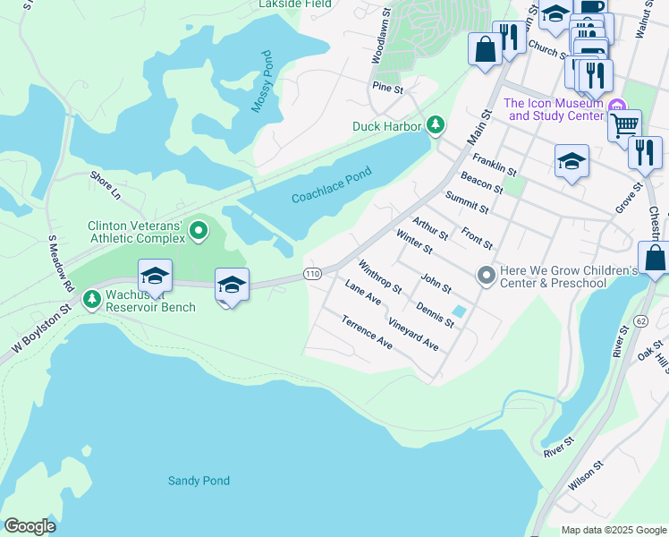 map of restaurants, bars, coffee shops, grocery stores, and more near 200 West Boylston Street in Clinton