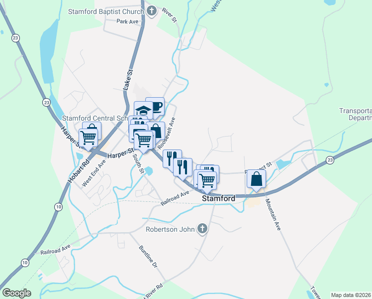 map of restaurants, bars, coffee shops, grocery stores, and more near 18 Roosevelt Ave in Stamford
