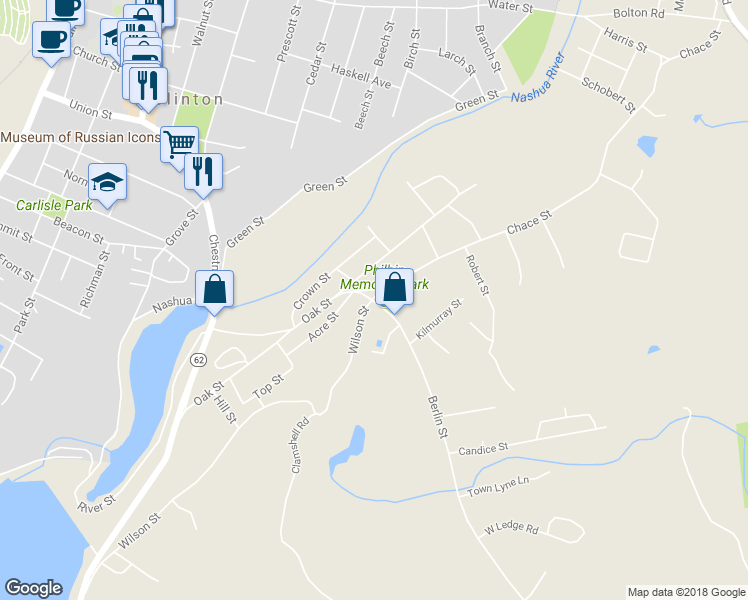map of restaurants, bars, coffee shops, grocery stores, and more near 10 Berlin Street in Clinton