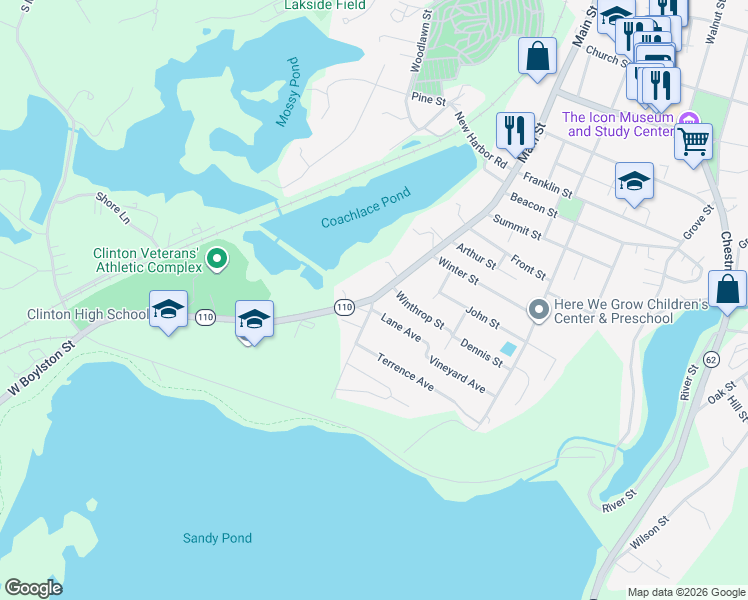map of restaurants, bars, coffee shops, grocery stores, and more near 274 South Main Street in Clinton