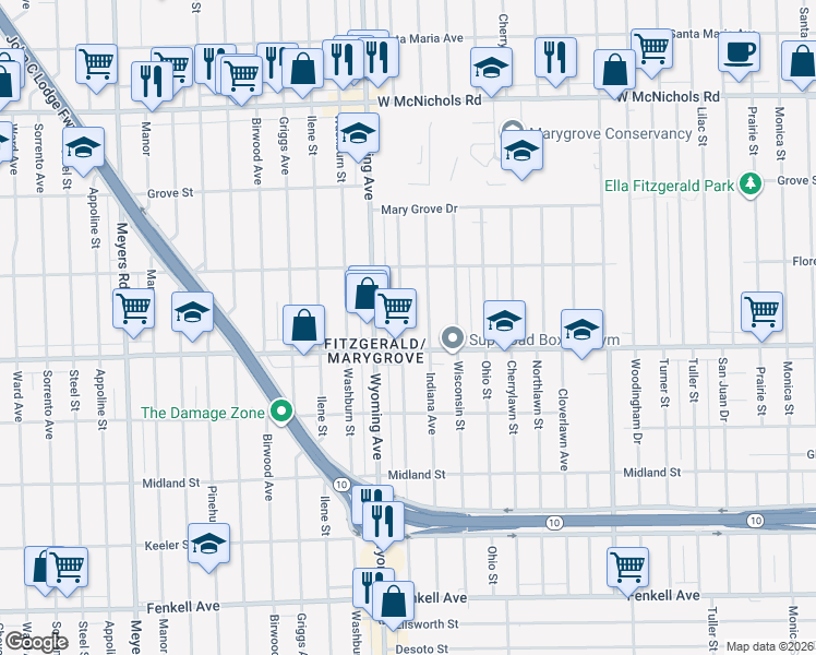map of restaurants, bars, coffee shops, grocery stores, and more near 16140 Kentucky Street in Detroit