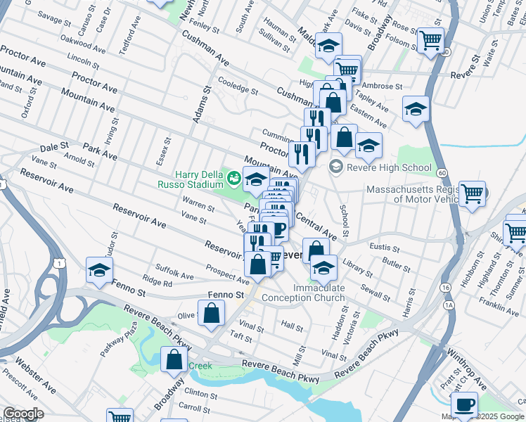 map of restaurants, bars, coffee shops, grocery stores, and more near 51 Park Avenue in Revere