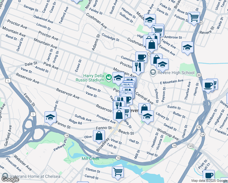map of restaurants, bars, coffee shops, grocery stores, and more near 51 Park Avenue in Revere