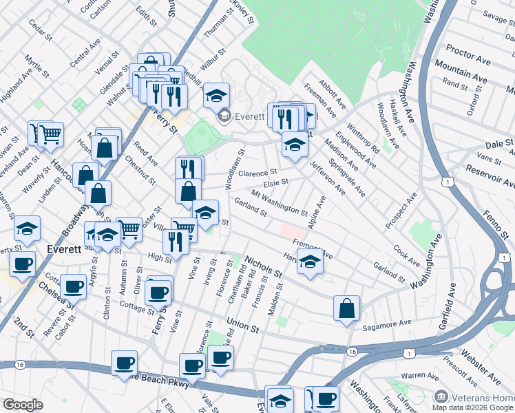 map of restaurants, bars, coffee shops, grocery stores, and more near 20 Mount Washington Street in Everett
