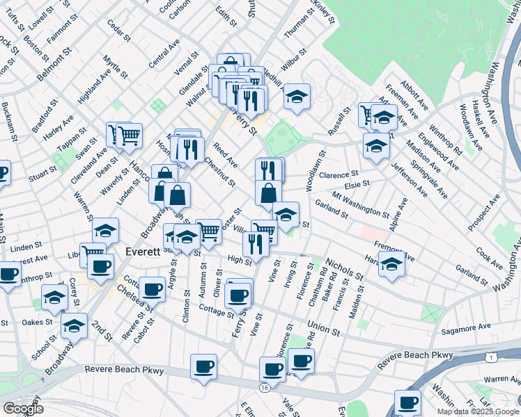 map of restaurants, bars, coffee shops, grocery stores, and more near 206 Ferry Street in Everett