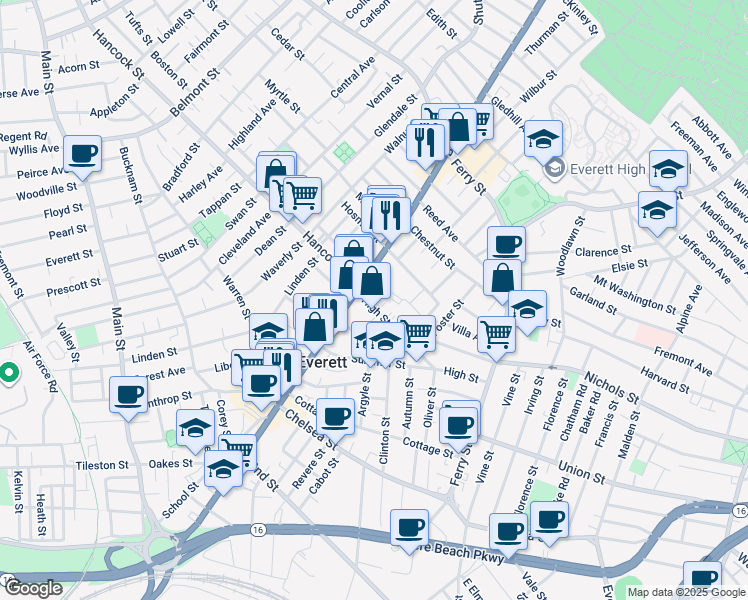 map of restaurants, bars, coffee shops, grocery stores, and more near 577 Broadway in Everett