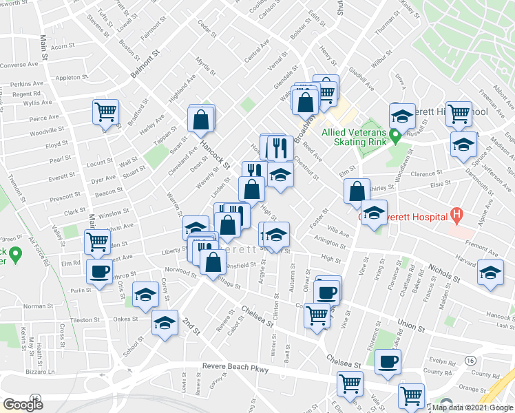 map of restaurants, bars, coffee shops, grocery stores, and more near 577 Broadway in Everett