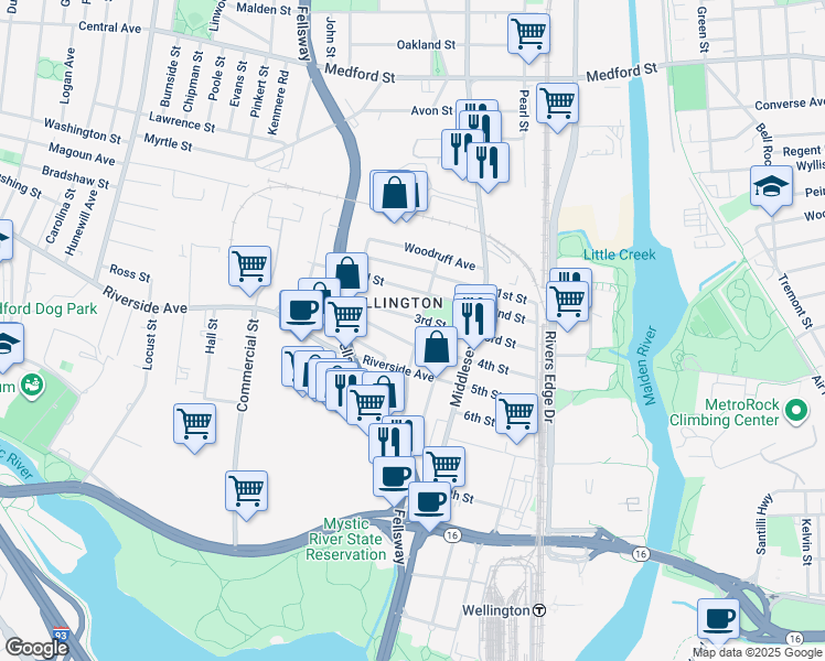 map of restaurants, bars, coffee shops, grocery stores, and more near 83 3rd Street in Medford
