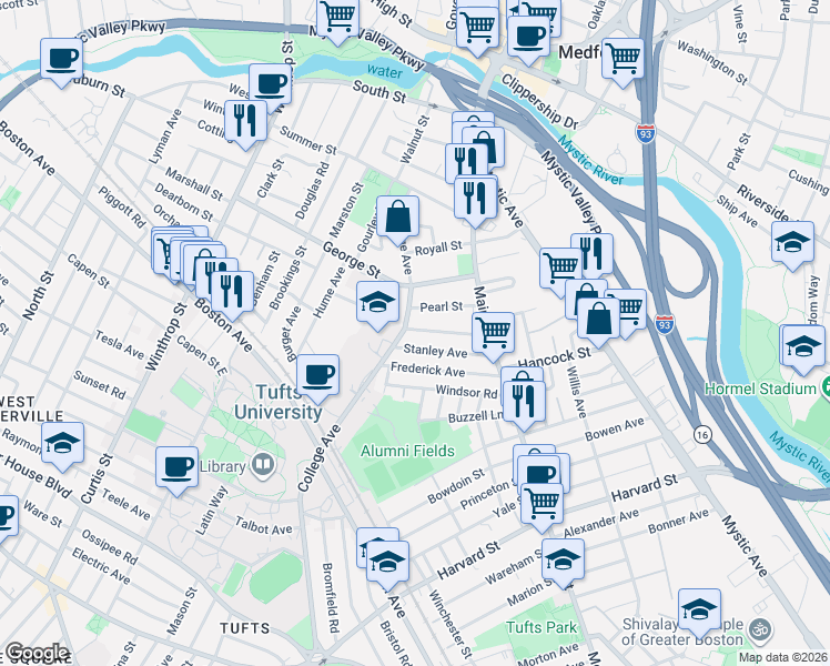 map of restaurants, bars, coffee shops, grocery stores, and more near 83 College Avenue in Medford