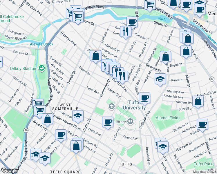 map of restaurants, bars, coffee shops, grocery stores, and more near 48 Winthrop Street in Medford