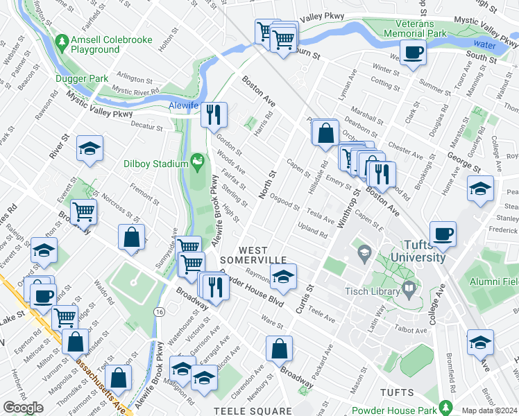 map of restaurants, bars, coffee shops, grocery stores, and more near 15 Fairfax Street in Somerville