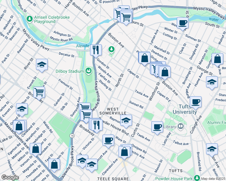 map of restaurants, bars, coffee shops, grocery stores, and more near 15 Fairfax Street in Somerville