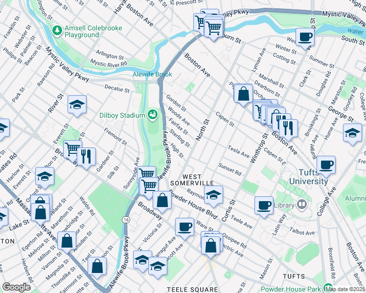 map of restaurants, bars, coffee shops, grocery stores, and more near 44 Sterling Street in Somerville
