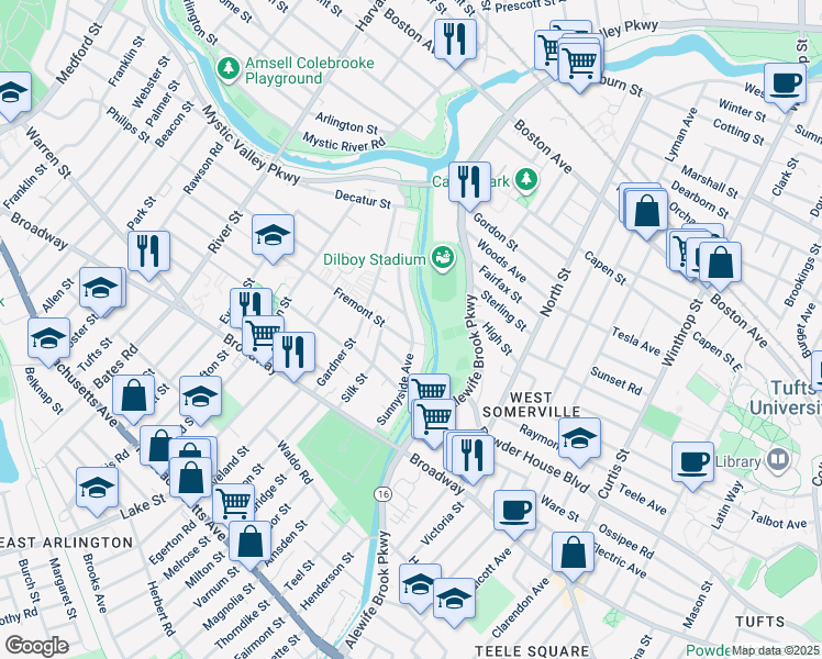 map of restaurants, bars, coffee shops, grocery stores, and more near 95 Sunnyside Avenue in Arlington