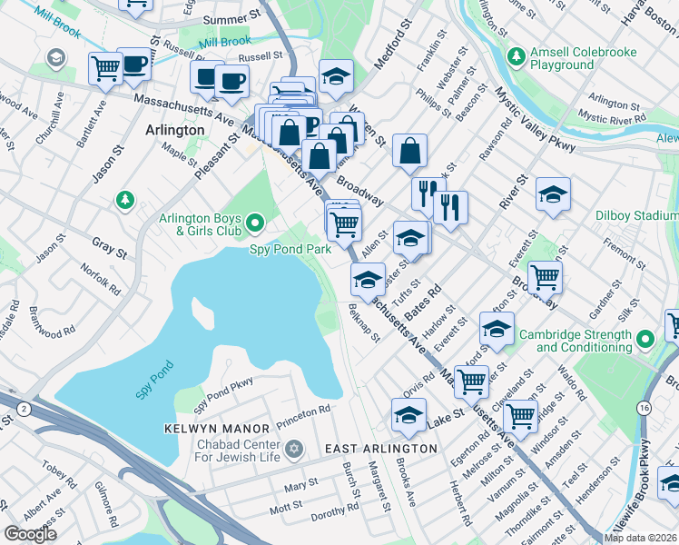 map of restaurants, bars, coffee shops, grocery stores, and more near 339 Massachusetts Avenue in Arlington