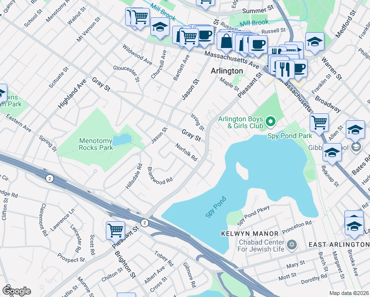 map of restaurants, bars, coffee shops, grocery stores, and more near 24 Gray Street in Arlington
