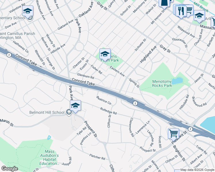 map of restaurants, bars, coffee shops, grocery stores, and more near 15 Hillcrest Street in Arlington