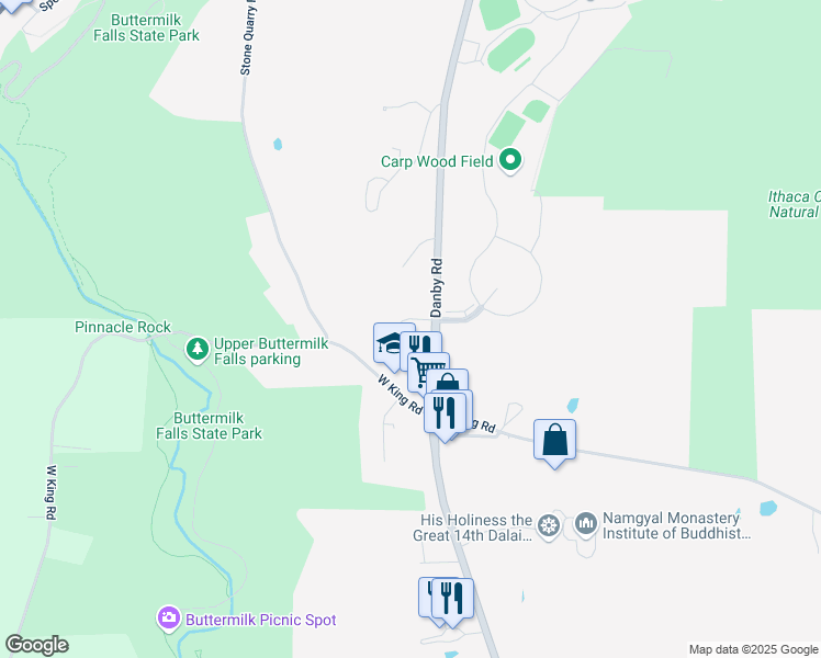 map of restaurants, bars, coffee shops, grocery stores, and more near 108 Birdseyeview Drive in Ithaca
