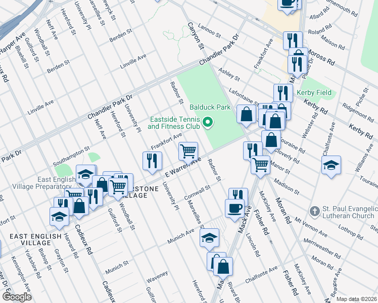 map of restaurants, bars, coffee shops, grocery stores, and more near 5074 Farmbrook Street in Detroit