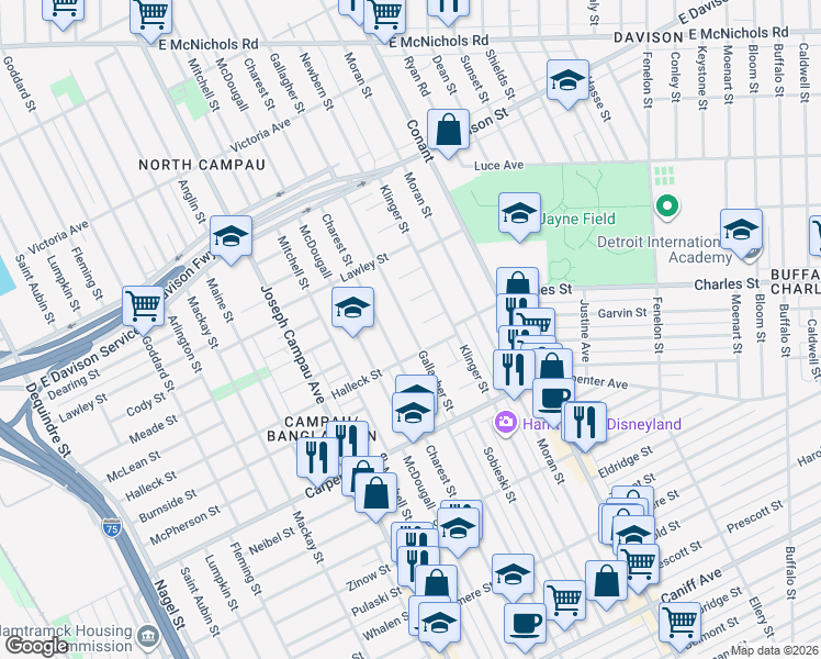 map of restaurants, bars, coffee shops, grocery stores, and more near 12601 Gallagher Street in Hamtramck