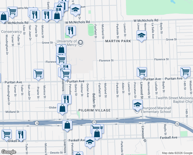 map of restaurants, bars, coffee shops, grocery stores, and more near 16168 Fairfield Street in Detroit