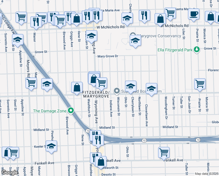 map of restaurants, bars, coffee shops, grocery stores, and more near 16184 Kentucky Street in Detroit