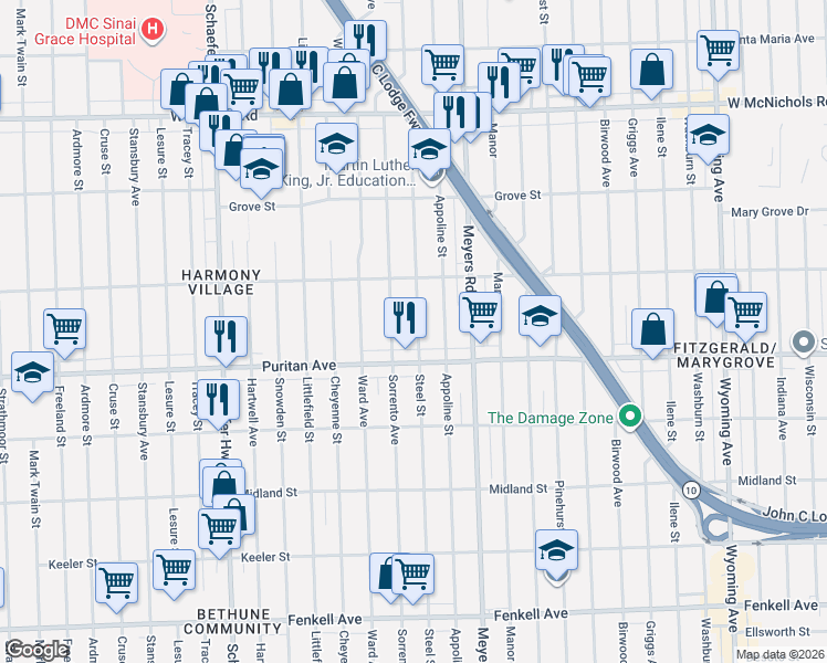 map of restaurants, bars, coffee shops, grocery stores, and more near 16197 Steel Street in Detroit