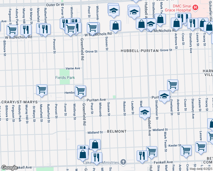 map of restaurants, bars, coffee shops, grocery stores, and more near 16250 Whitcomb in Detroit