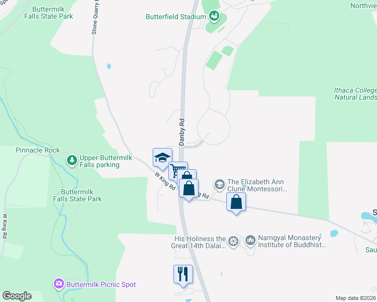map of restaurants, bars, coffee shops, grocery stores, and more near 1047 Danby Road in Ithaca