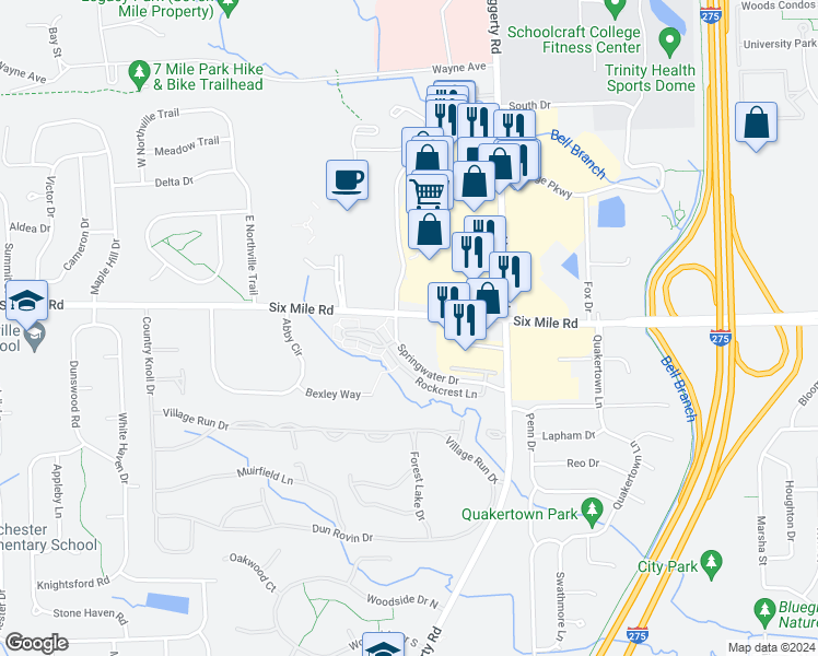 map of restaurants, bars, coffee shops, grocery stores, and more near 39692 Rockcrest Lane in Northville