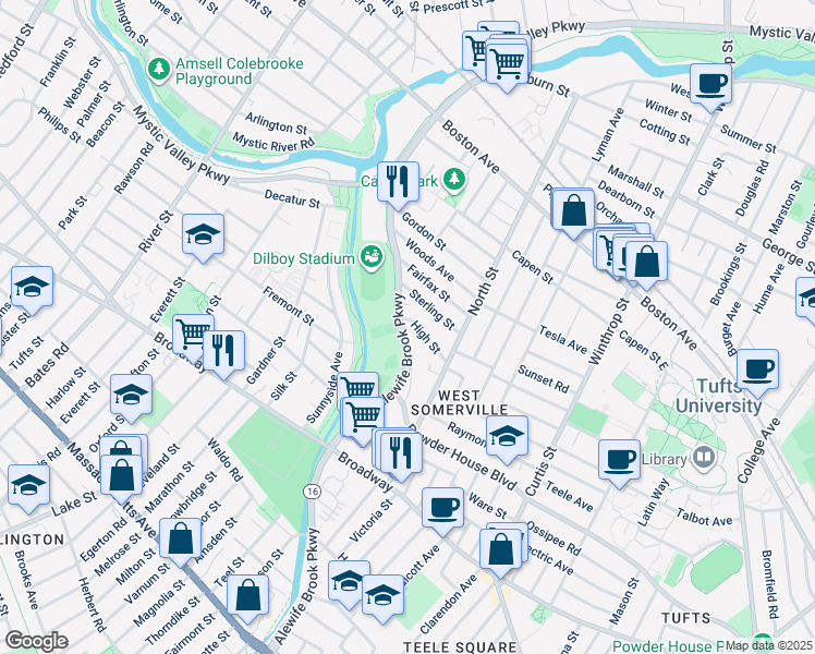 map of restaurants, bars, coffee shops, grocery stores, and more near 319 Alewife Brook Parkway in Somerville